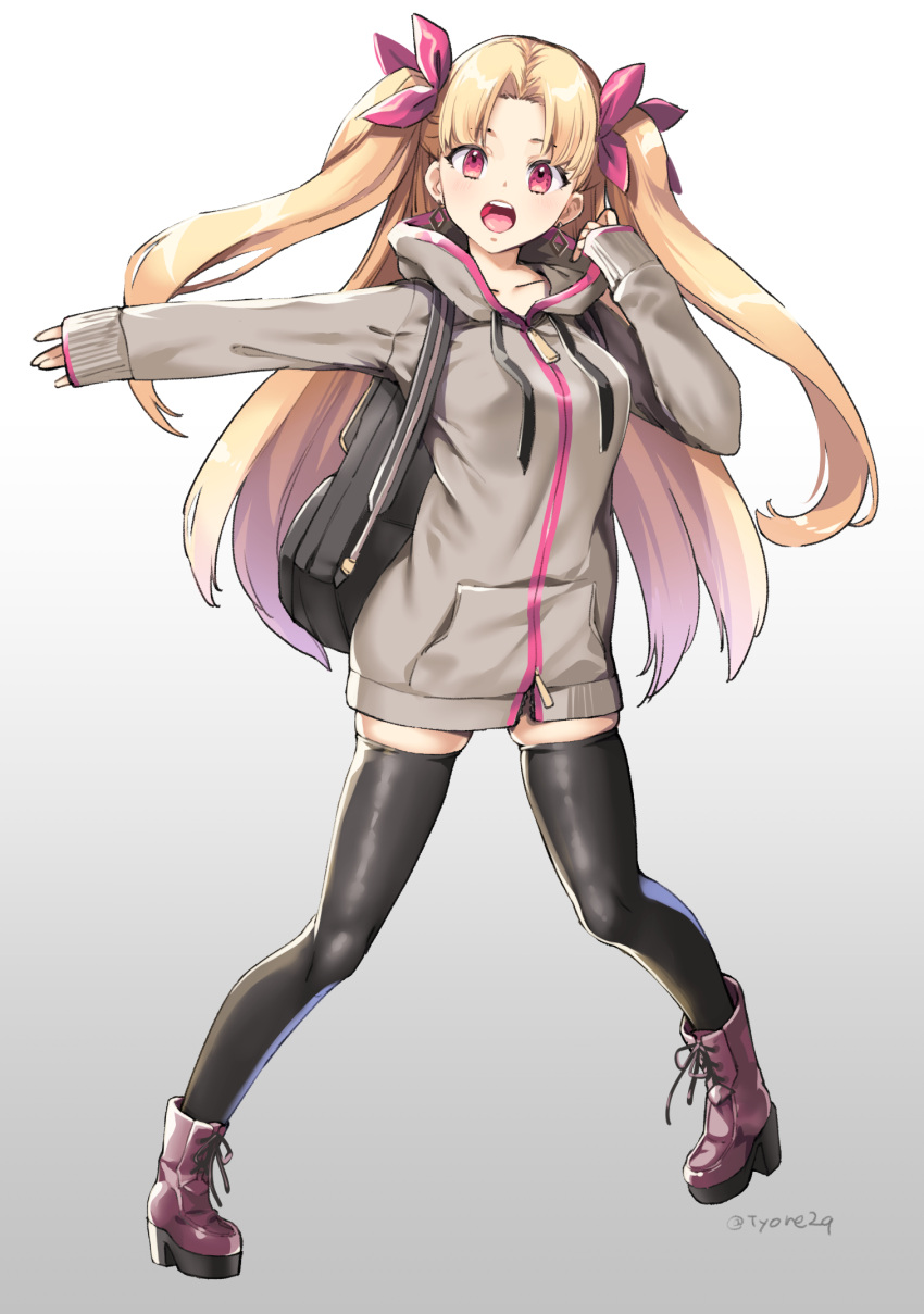 1girl backpack bag bangs black_legwear blonde_hair blush boots breasts contemporary earrings ereshkigal_(fate) fate/grand_order fate_(series) full_body grey_sweater hair_ribbon highres hood hooded_sweater jewelry long_hair long_sleeves looking_at_viewer medium_breasts open_mouth parted_bangs pink_footwear red_eyes ribbon smile solo sweater thigh-highs two_side_up tyone