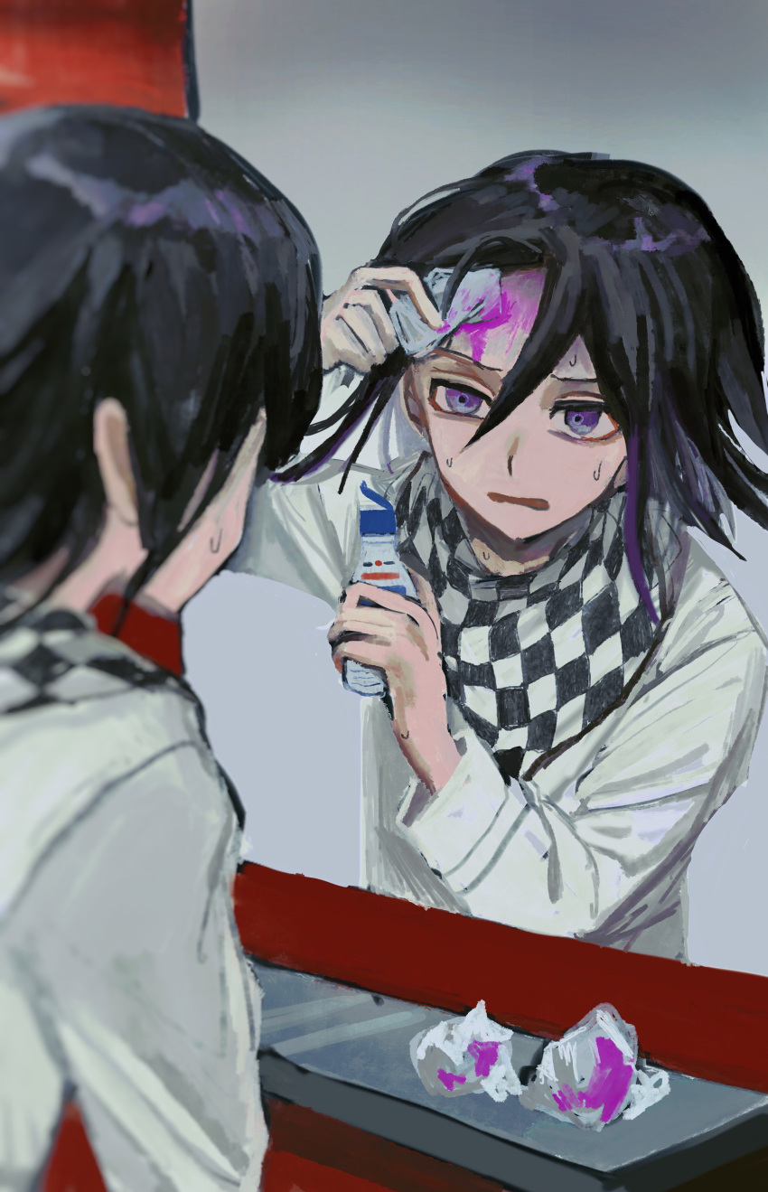 1boy absurdres arm_up bangs black_hair blurry blurry_foreground bottle checkered checkered_scarf dangan_ronpa_(series) dangan_ronpa_v3:_killing_harmony depth_of_field grey_background grey_jacket hair_between_eyes hand_up highres holding holding_bottle jacket long_sleeves looking_at_mirror male_focus mirror open_mouth ouma_kokichi paper purple_hair scarf solo straitjacket sweat tama_rick violet_eyes