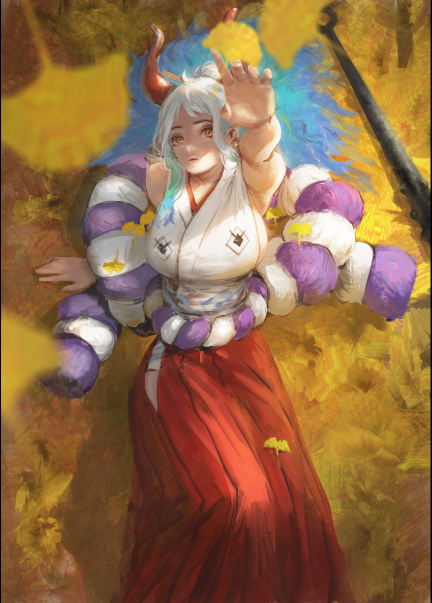 1girl 9chan autumn_leaves blurry blurry_foreground breasts commentary_request dappled_sunlight feet_out_of_frame hakama hakama_pants highres hip_vent horns japanese_clothes kimono large_breasts lying on_back one_piece oni orange_eyes pants reaching_out red_hakama red_horns rope rope_belt shimenawa sideboob sleeveless sleeveless_kimono solo sunlight yamato_(one_piece)