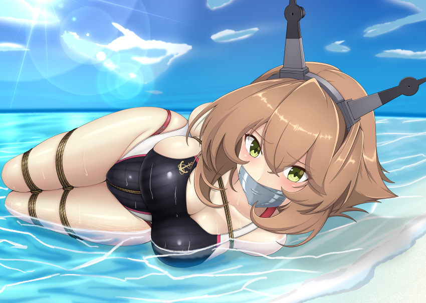 1girl absurdres alternate_costume anchor_symbol arms_behind_back bdsm black_swimsuit bondage bound bound_legs breasts brown_hair competition_swimsuit flipped_hair gag green_eyes headgear highres improvised_gag kantai_collection large_breasts lying multicolored multicolored_clothes multicolored_swimsuit mutsu_(kancolle) nkgw on_side one-piece_swimsuit shibari shibari_over_clothes short_hair solo swimsuit tape tape_gag white_swimsuit