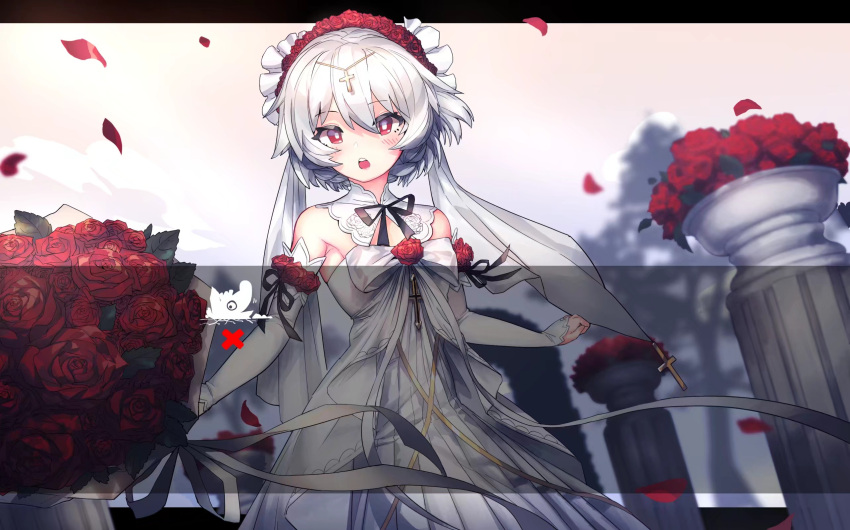 1girl :o bangs bare_shoulders bouquet breasts bridal_veil bride dress flower grey_sky hair_between_eyes hair_ornament highres holding holding_bouquet honkai_(series) honkai_impact_3rd looking_at_viewer open_mouth outdoors petals red_eyes red_flower red_rose rose small_breasts solo teeth theresa_apocalypse theresa_apocalypse_(luna_kindred) veil wedding_dress white_dress white_hair white_sleeves wu-qiao
