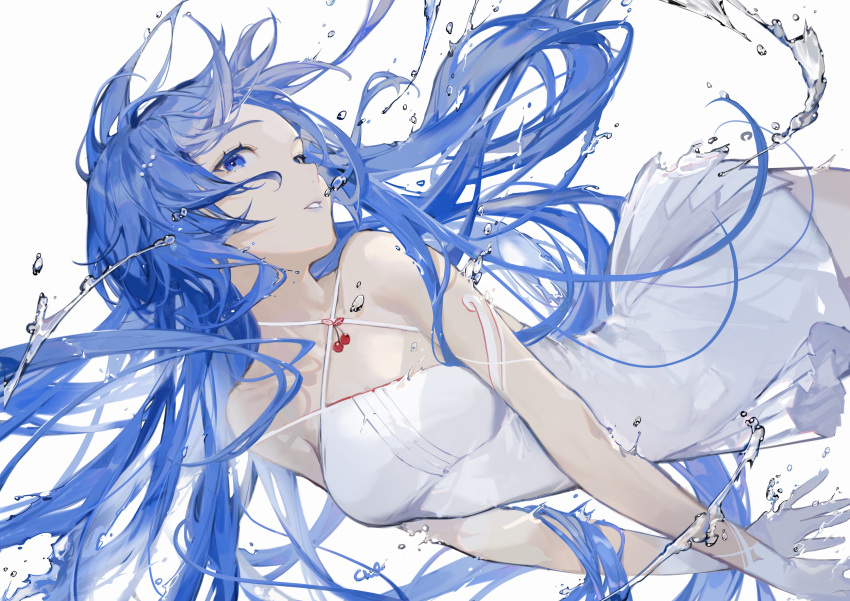 1girl absurdres armlet bare_shoulders blue_eyes blue_hair blue_lips breasts cherry chi4 commentary criss-cross_halter dress english_commentary food fruit gloves halter_dress halterneck highres lipstick long_hair makeup original parted_lips simple_background sleeveless sleeveless_dress small_breasts smile solo very_long_hair water white_background white_dress white_gloves