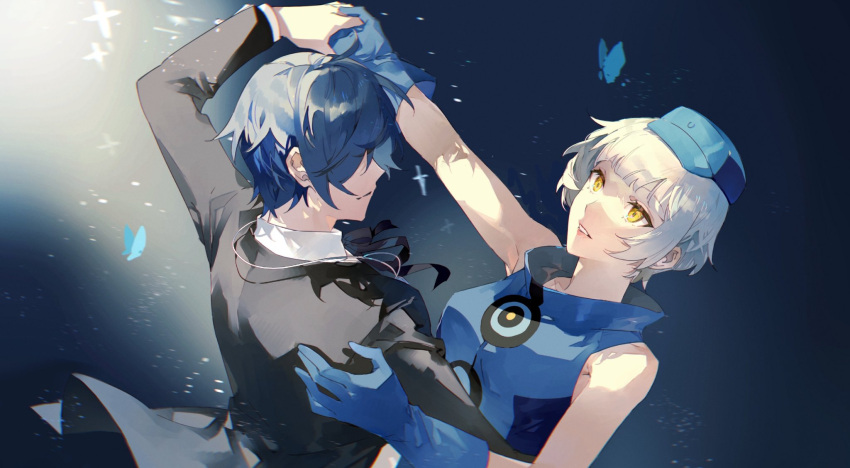 1boy 1girl bare_shoulders black_jacket black_neckwear blue_butterfly blue_dress blue_gloves blue_hair blue_headwear bob_cut bug butterfly closed_mouth commentary_request dancing dress elizabeth_(persona) gekkoukan_high_school_uniform gloves hat highres holding holding_hands jacket lips long_sleeves looking_at_another neck_ribbon parted_lips persona persona_3 pink_lips ribbon school_uniform shirt short_hair sidelocks sleeveless sleeveless_dress smile teeth turtleneck turtleneck_dress uniform upper_body waltz_(dance) white_hair white_shirt xing_20 yellow_eyes yuuki_makoto