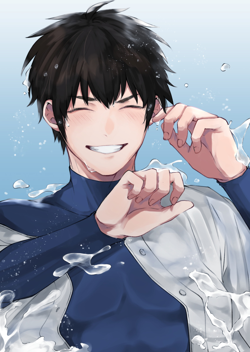 1boy absurdres ace_of_diamond blue_shirt brown_hair closed_eyes highres jacket male_focus open_clothes open_jacket sawamura_eijun shirt short_hair smile solo splashing teeth upper_body water wet wet_clothes wet_hair white_jacket xkftc737