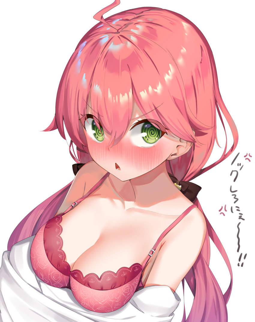 1girl @_@ ahoge bangs bare_shoulders blush bow bra breasts collarbone embarrassed eyebrows_visible_through_hair green_eyes hair_bow highres hololive k_mugura low_twintails lower_teeth medium_breasts nose_blush pink_bra pink_hair sakura_miko shiny shiny_hair simple_background solo translated triangle_mouth twintails underwear upper_body v-shaped_eyebrows virtual_youtuber white_background