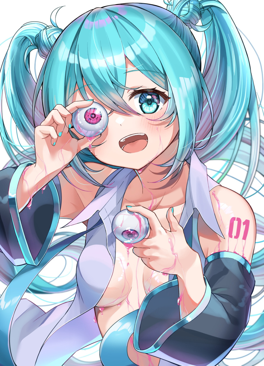 1girl akito_(eyzz3775) bare_shoulders black_sleeves blue_eyes blue_hair blue_nails breasts collarbone collared_shirt detached_sleeves dress_shirt eyeball hatsune_miku head_tilt highres holding long_hair long_sleeves nail_polish open_clothes open_shirt shirt sleeveless sleeveless_shirt small_breasts solo twintails upper_body very_long_hair vocaloid white_background white_shirt wide_sleeves