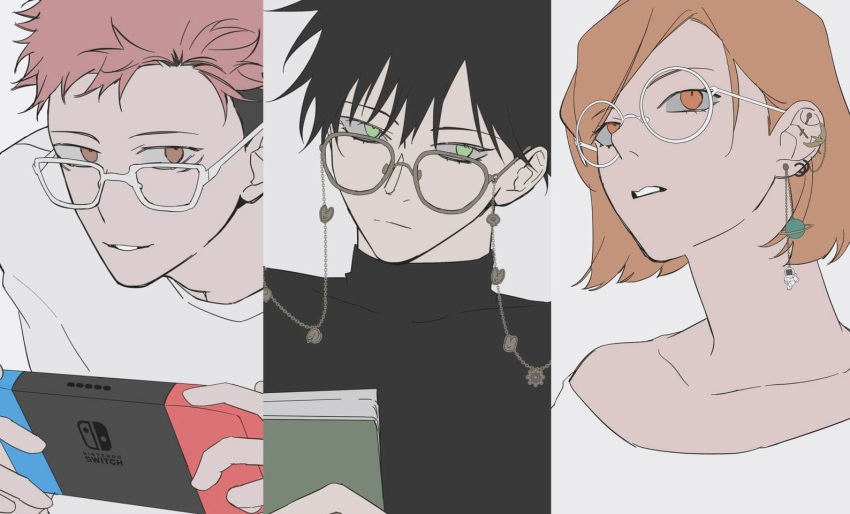 1girl 2boys alternate_costume bespectacled black_hair brown_eyes brown_hair crescent crescent_earrings ear_piercing earrings fushiguro_megumi glasses green_eyes hair_behind_ear handheld_game_console holding holding_handheld_game_console itadori_yuuji jewelry jujutsu_kaisen k00s kugisaki_nobara multicolored_hair multiple_boys nintendo_switch orange_eyes piercing short_hair smile turtleneck undercut