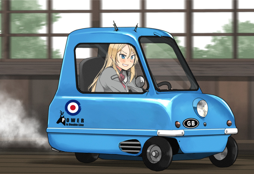 1girl annin_musou ascot blonde_hair blue_eyes blush car driving flower grin ground_vehicle headgear kantai_collection long_hair long_sleeves military military_uniform motor_vehicle nelson_(kancolle) peel_p50 red_flower red_neckwear red_rose revision rose smile solo uniform vehicle_focus