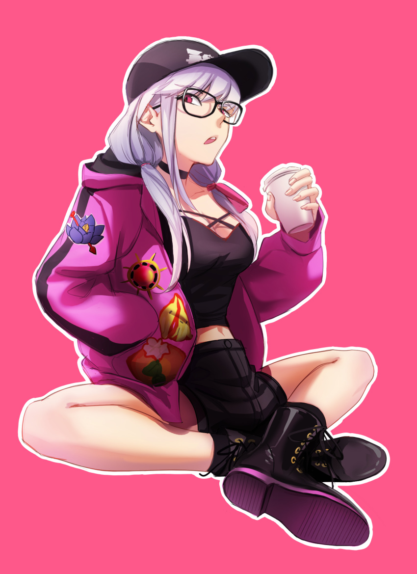 1girl allen_riv baseball_cap bespectacled black-framed_eyewear black_footwear black_headwear black_shorts boots cup disposable_cup fate/grand_order fate_(series) glasses grey_hair hat highres holding holding_cup jacket kama_(fate) long_sleeves open_clothes open_jacket pink_jacket red_eyes short_shorts shorts sitting solo