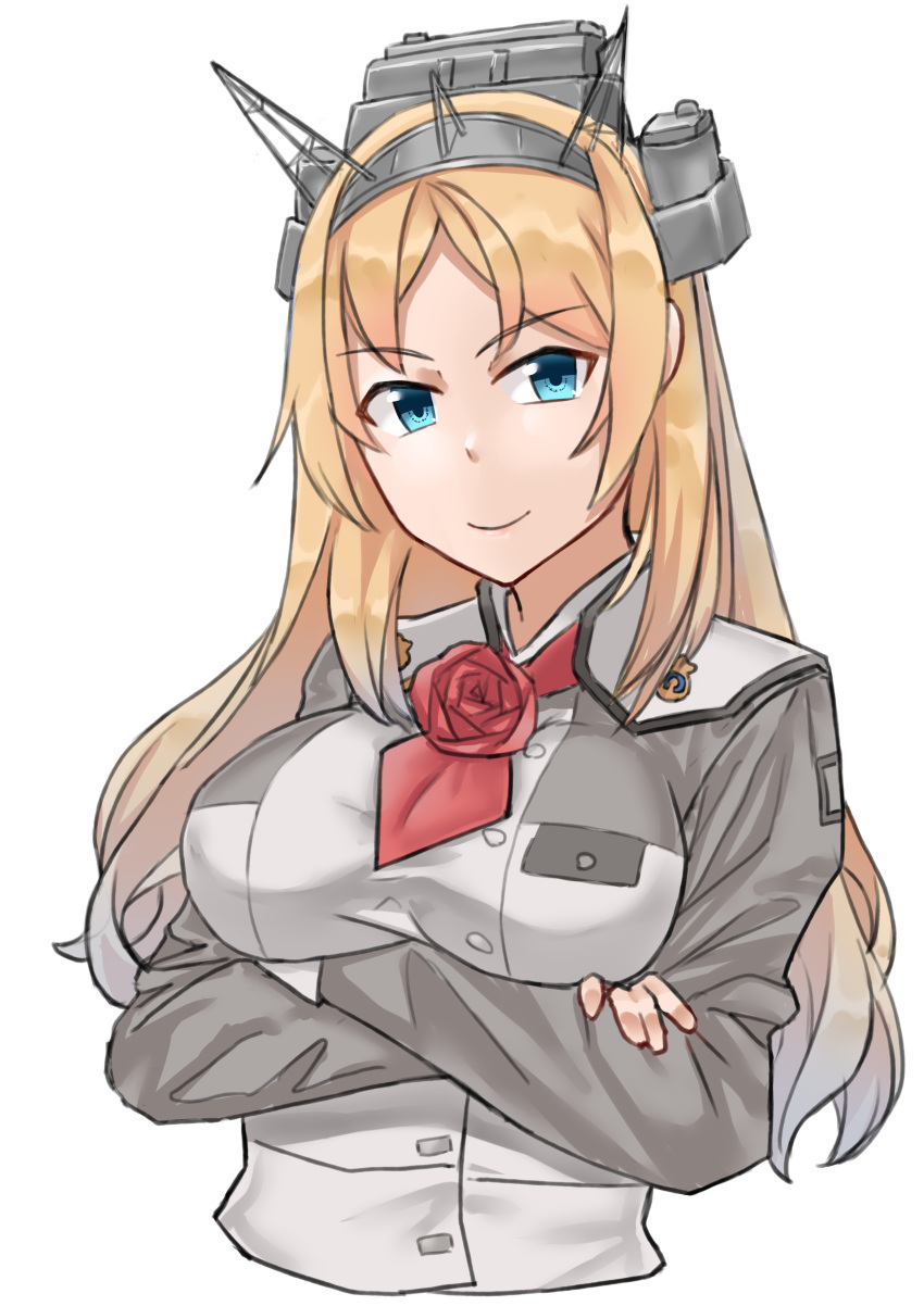 1girl absurdres ascot blonde_hair blue_eyes breasts crossed_arms flower garylin headgear highres kantai_collection large_breasts long_sleeves military military_uniform nelson_(kancolle) red_flower red_neckwear red_rose rose smile solo uniform upper_body