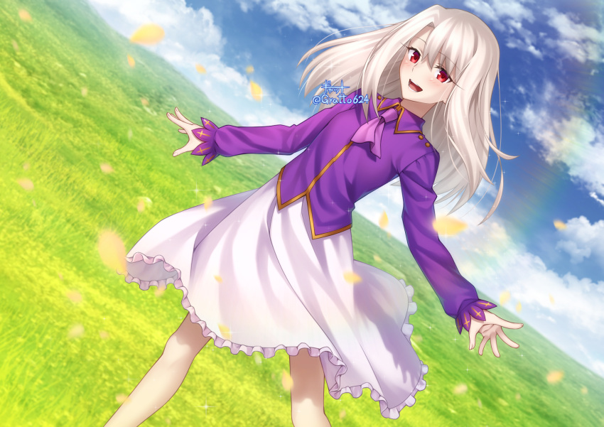 1girl ascot bangs blue_sky blush breasts fate/stay_night fate_(series) gyatto624 hair_between_eyes highres illyasviel_von_einzbern long_hair long_sleeves looking_at_viewer open_mouth purple_shirt red_eyes shirt sidelocks skirt sky small_breasts smile solo white_hair white_skirt