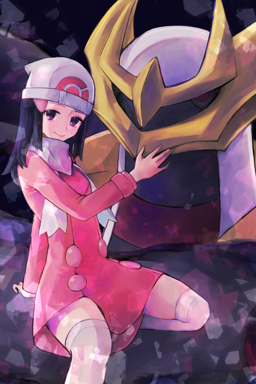 1girl arm_support beanie black_hair closed_mouth commentary_request hikari_(pokemon) eyelashes gen_4_pokemon giratina hair_ornament hairclip hand_up hat highres legendary_pokemon long_hair long_sleeves niyoniyo_pi pink_coat pokemon pokemon_(creature) pokemon_(game) pokemon_dppt pokemon_platinum scarf sitting smile thigh-highs white_headwear white_legwear white_scarf