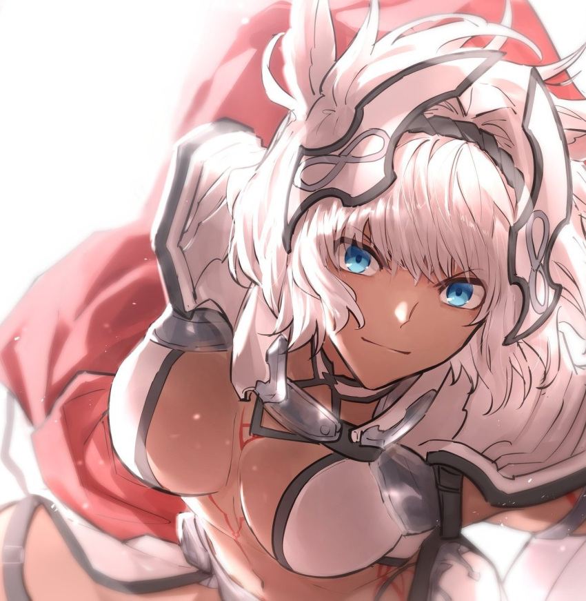 blue_eyes body_markings breasts caenis_(fate) dark-skinned_female dark_skin fate/grand_order fate_(series) from_above hair_intakes hairband headpiece highres large_breasts long_hair muscular muscular_female sabamori shoulder_plates smile tattoo waist_cape