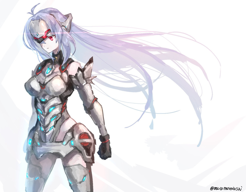 1girl android bare_shoulders blue_hair breasts elbow_gloves expressionless forehead_protector gloves highres kos-mos kos-mos_re: large_breasts leotard long_hair looking_at_viewer mutomorokoshi red_eyes simple_background solo standing thigh-highs very_long_hair white_leotard xenoblade xenoblade_chronicles_(series) xenoblade_chronicles_2 xenosaga