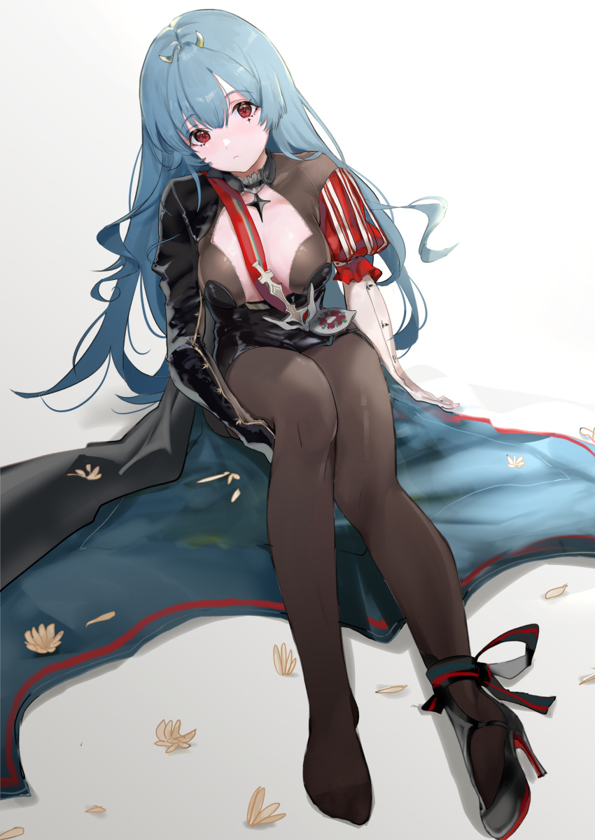 1girl absurdres ankle_bow asymmetrical_gloves azur_lane blue_hair bodystocking bow breasts center_opening collar crosier dress gambeson gloves highres horns large_breasts looking_at_viewer marco_polo_(azur_lane) maria_(syake-uni) microdress mismatched_gloves petals red_eyes sardegna_empire_(emblem) sitting