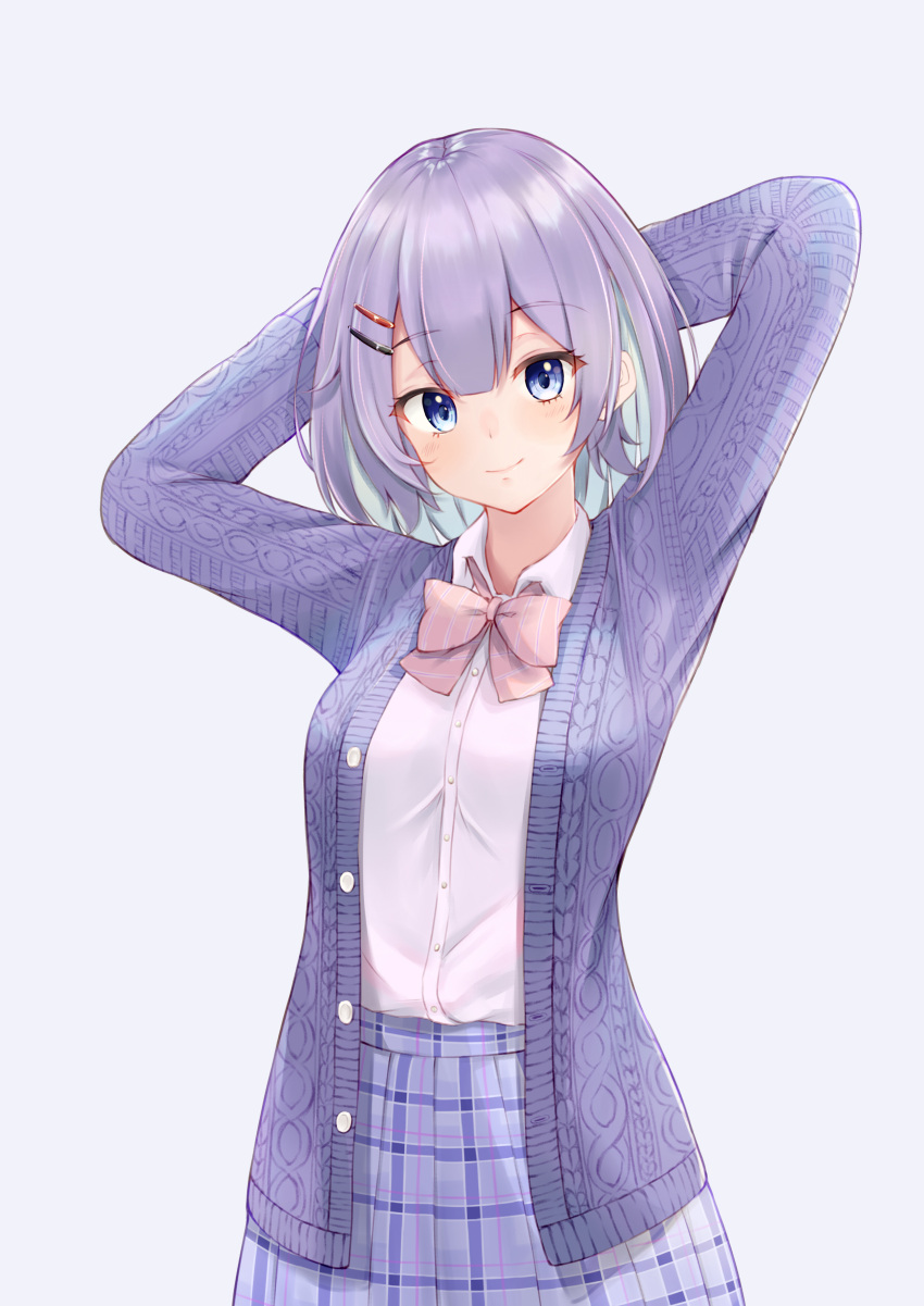 1girl absurdres aran_sweater arms_behind_back blue_eyes bow bowtie cardigan closed_mouth colored_inner_hair cowboy_shot hair_ornament hairclip highres looking_at_viewer miniskirt multicolored_hair nijisanji nijisanji_kr nine_(user_smer5442) nun_bora open_cardigan open_clothes pink_neckwear pleated_skirt purple_cardigan purple_hair purple_skirt school_uniform shirt short_hair simple_background skirt smile solo sweater virtual_youtuber white_background white_shirt