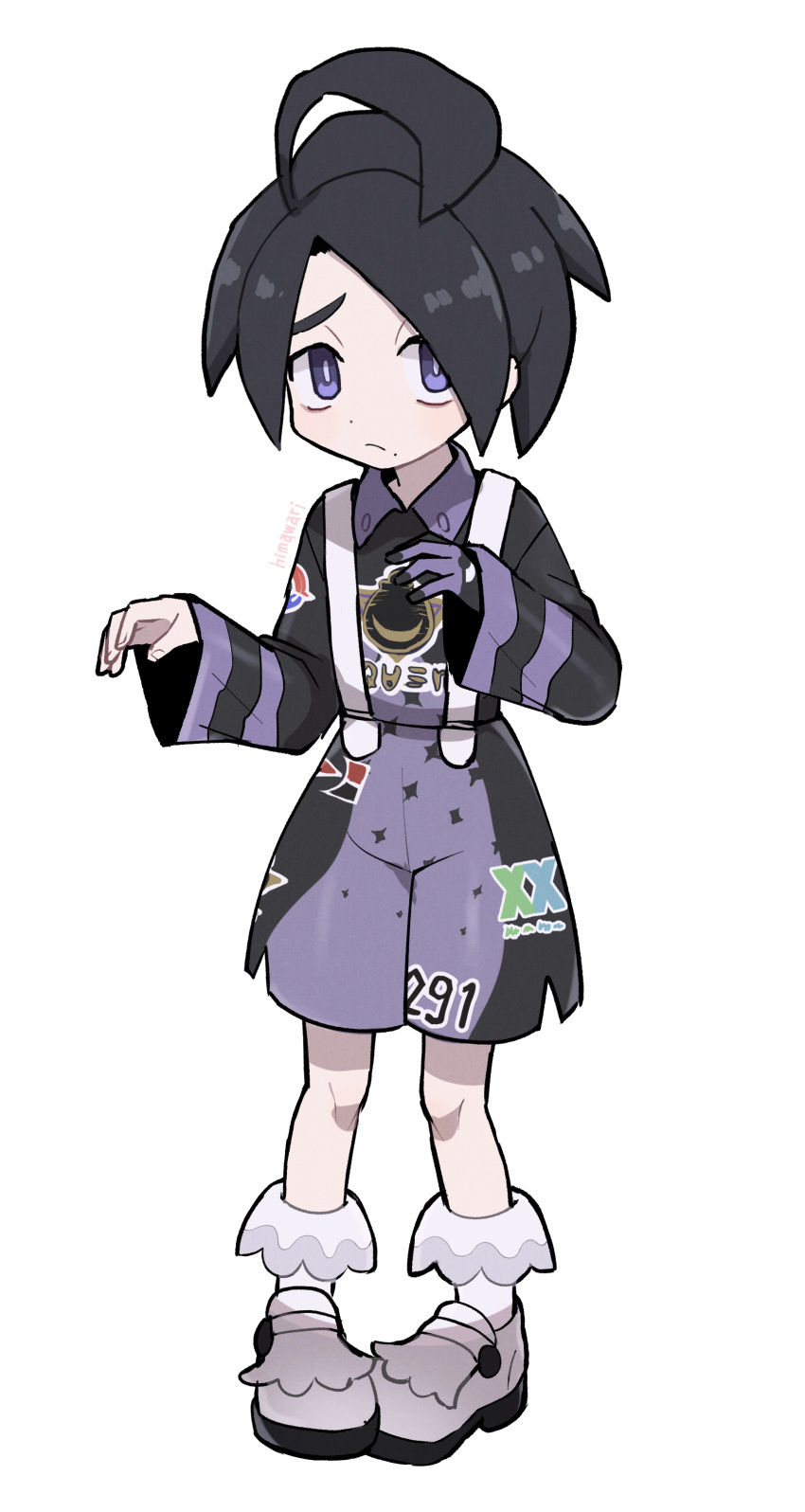 1boy absurdres ahoge allister_(pokemon) black_hair closed_mouth collared_shirt commentary_request gloves highres himawari_(kawaisounaedesu) knees long_sleeves male_focus mole mole_under_mouth number pigeon-toed pokemon pokemon_(game) pokemon_swsh raised_eyebrows shirt shoes short_hair shorts simple_background single_glove solo standing suspender_shorts suspenders violet_eyes white_background white_footwear