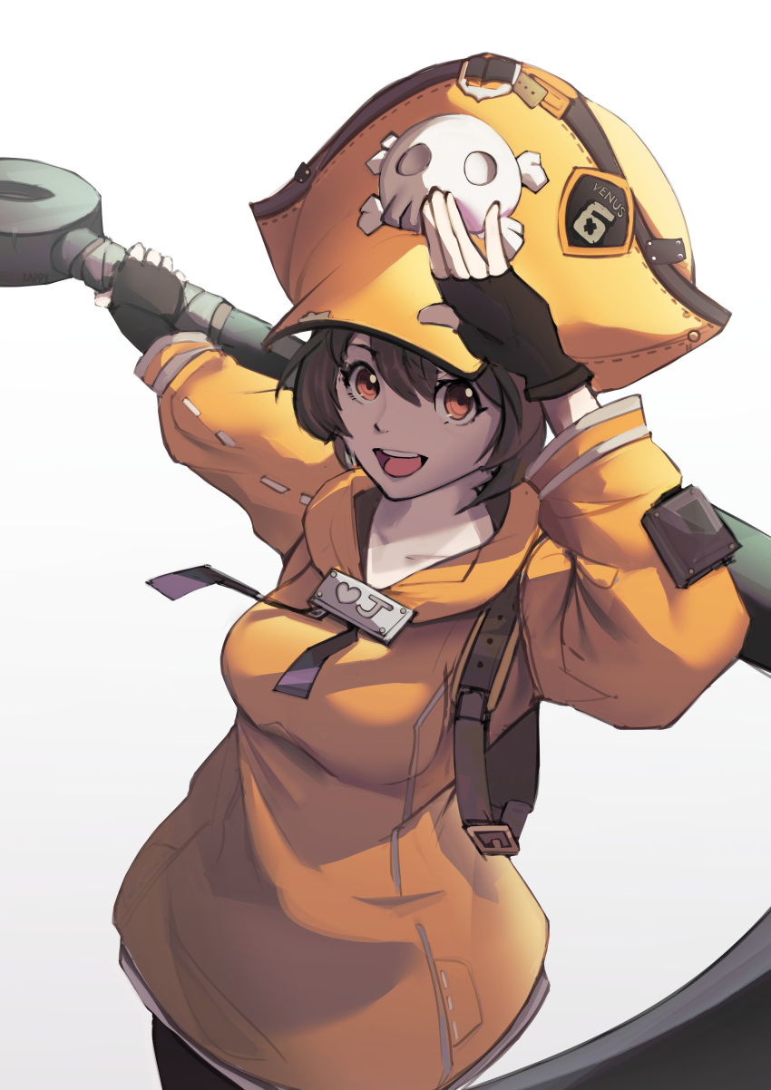 1girl absurdres anchor arm_up backpack bag bandages black_gloves brown_bag brown_hair collarbone fingerless_gloves gloves gradient gradient_background guilty_gear guilty_gear_strive hair_between_eyes hat heart highres holding holding_anchor holding_weapon hood hood_down hoodie kappy_art may_(guilty_gear) open_mouth orange_hoodie red_eyes reverse_grip short_hair solo tongue upper_teeth weapon yellow_headwear