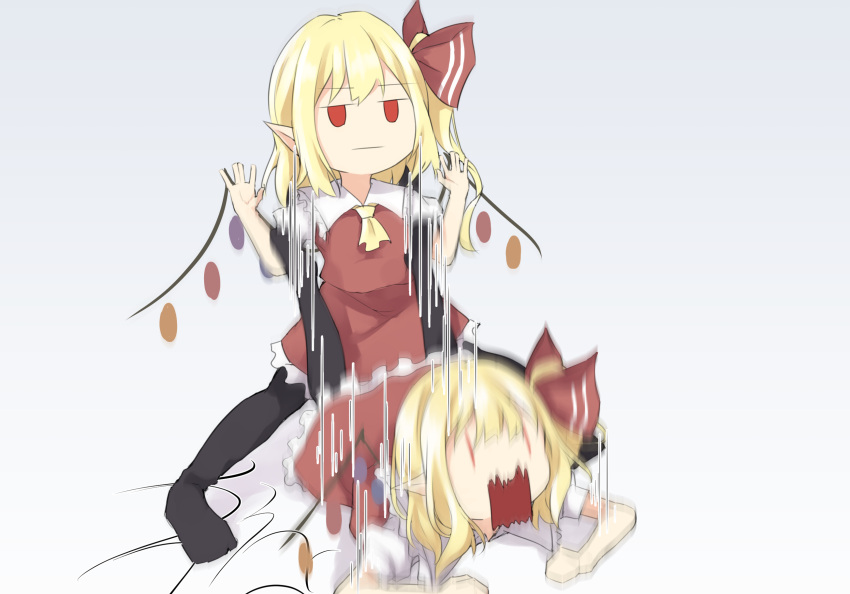 2girls ascot bangs black_legwear blonde_hair blush bow closed_mouth crystal dropping eyebrows_visible_through_hair facing_viewer falling flandre_scarlet frilled_shirt_collar frills hair_between_eyes hair_bow hair_ornament hands_on_ground highres jack-o'_challenge multicolored multicolored_wings multiple_girls open_mouth puffy_short_sleeves puffy_sleeves red_eyes red_ribbon red_skirt red_vest ribbon rushigi0 screaming shirt short_sleeves side_ponytail simple_background skirt spread_legs thigh-highs top-down_bottom-up touhou unamused vampire vest white_shirt wings yellow_neckwear
