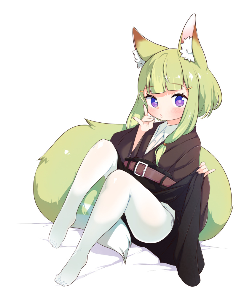 1girl animal_ear_fluff animal_ears bangs bed belt belt_buckle black_skirt blush brown_belt buckle closed_mouth clothes_lift collared_shirt commentary_request done_(donezumi) dress_shirt eyebrows_visible_through_hair fox_ears fox_girl fox_shadow_puppet fox_tail full_body green_hair hair_ornament hairclip hands_up highres lifted_by_self long_hair looking_at_viewer no_shoes original pantyhose shirt skirt skirt_lift solo tail violet_eyes white_background white_legwear white_shirt