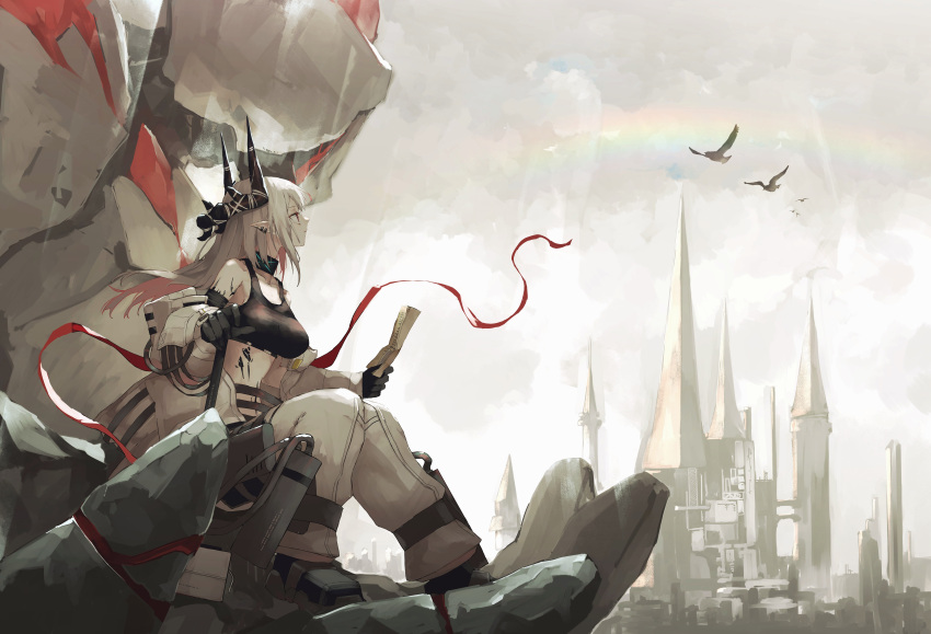 1girl absurdres arknights bird black_gloves black_horns black_tank_top breasts building city closed_mouth clouds cloudy_sky commentary_request crop_top ear_piercing full_body gloves golem grey_sky hammer highres holding holding_paper horns infection_monitor_(arknights) jumpsuit kensei_(v2) large_breasts letter long_hair looking_away mudrock_(arknights) mudrock_colossus_(arknights) open_jumpsuit oripathy_lesion_(arknights) outdoors paper piercing pointy_ears profile rainbow red_ribbon ribbon sitting sky solo tank_top white_hair white_jumpsuit