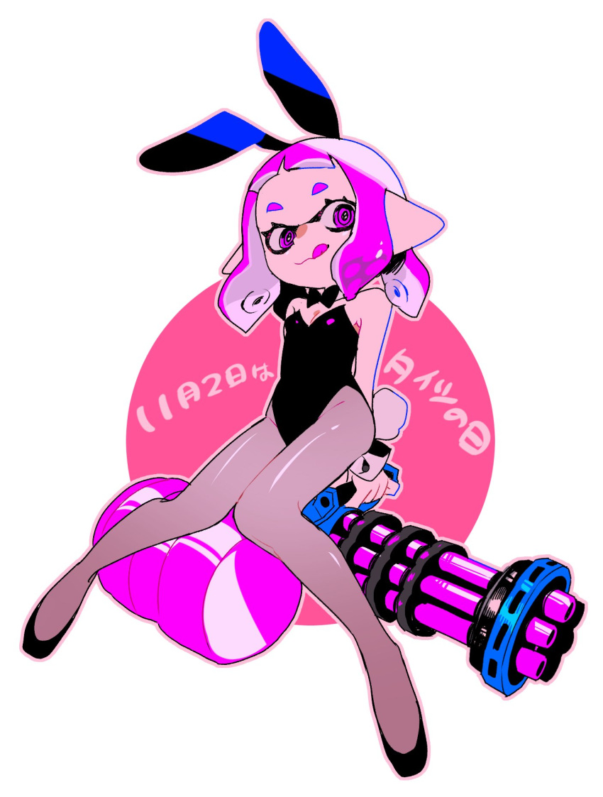 1girl :q animal_ears bangs black_footwear black_leotard black_neckwear blunt_bangs bob_cut bow bowtie closed_eyes commentary dated fake_animal_ears fake_tail flats grey_legwear heavy_splatling_(splatoon) highres holding holding_weapon ika_shicomcom inkling leotard long_hair looking_at_viewer pantyhose playboy_bunny pointy_ears purple_hair rabbit_ears rabbit_tail short_hair sitting smile solo splatoon_(series) strapless strapless_leotard tail tentacle_hair tights_day tongue tongue_out translated violet_eyes weapon white_background