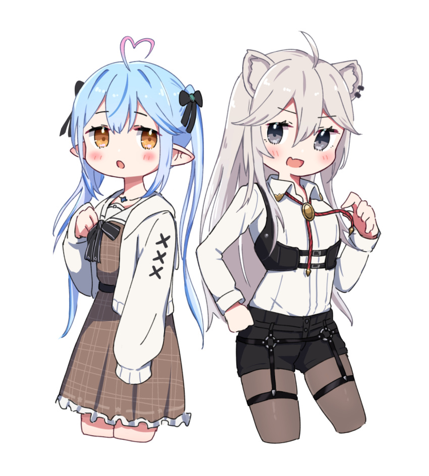 2girls ahoge animal_ears black_legwear black_ribbon black_shorts blue_hair blush blush_stickers brown_dress chibi collared_shirt commentary corset cowboy_shot cropped_legs dress dress_shirt ear_piercing eyebrows_visible_through_hair fang frilled_dress frills garter_straps grey_eyes hair_between_eyes hair_ribbon hand_on_hip heart_ahoge highres hololive hood hooded_jacket jacket jewelry legwear_under_shorts light_blue_hair lion_ears long_hair looking_at_viewer multicolored_hair multiple_girls necklace o-ring official_alternate_costume open_clothes open_jacket open_mouth orange_eyes pantyhose pendant piercing plaid plaid_dress pointy_ears ribbon sailor_collar sasaki_(glass1138) shirt shirt_tucked_in shishiro_botan short_shorts shorts silver_hair simple_background skin_fang sleeves_past_fingers sleeves_past_wrists smile straight_hair streaked_hair symbol-only_commentary thigh_strap two-tone_hair virtual_youtuber white_background white_jacket white_shirt wing_collar yukihana_lamy