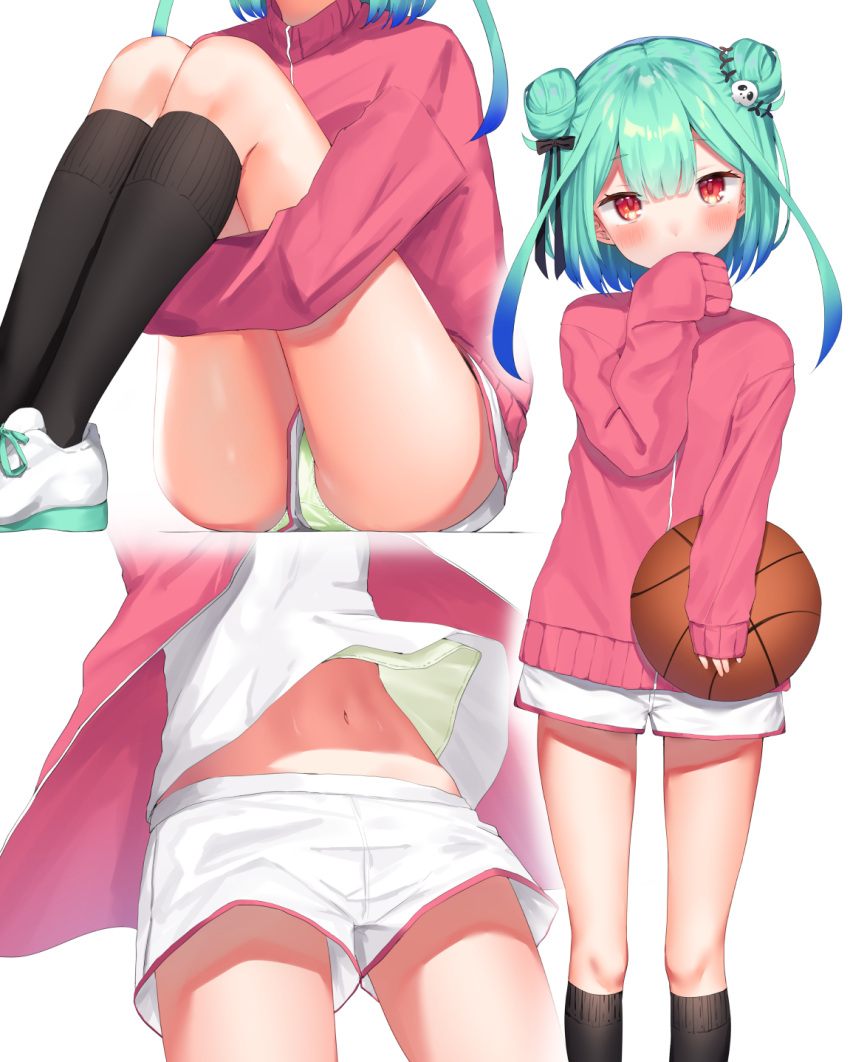 1girl alternate_costume aqua_hair ball bangs basketball black_legwear black_ribbon blue_hair blunt_bangs blush breasts commentary_request covering_mouth cowboy_shot double_bun eyebrows_visible_through_hair feet_out_of_frame gradient_hair green_panties hair_between_eyes hair_ornament hair_ribbon hand_over_own_mouth hand_up head_out_of_frame highres holding holding_ball hololive hugging_own_legs jacket k_mugura kneehighs legs legs_together long_sleeves looking_at_viewer medium_hair midriff midriff_peek multicolored_hair multiple_views navel panties pink_jacket red_eyes ribbon shadow shiny shiny_hair shiny_skin shirt shoes short_shorts shorts sidelocks skull_hair_ornament sleeves_past_wrists sneakers socks thighs track_jacket underwear uruha_rushia virtual_youtuber white_background white_shirt white_shorts