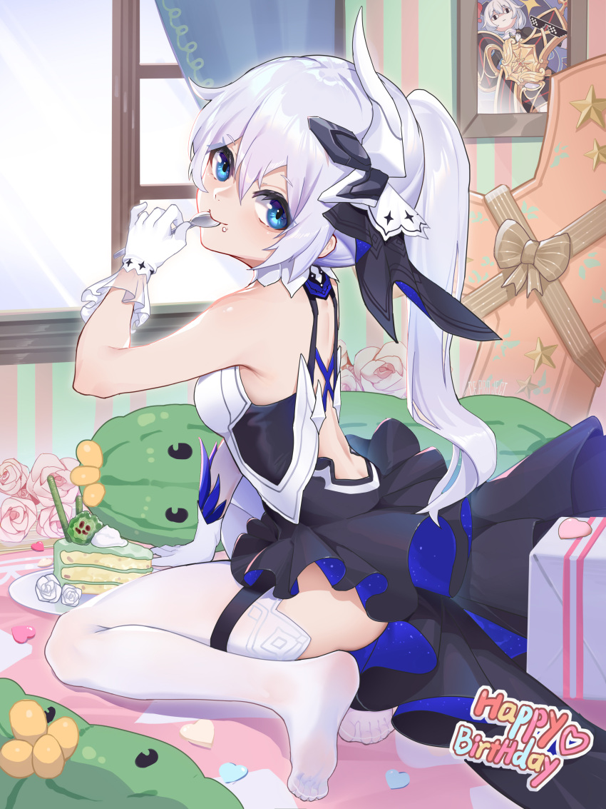 1girl absurdres back bangs blue_eyes border cake cake_slice closed_mouth cross_(weapon) curtains flower food food_on_face gift gloves hair_between_eyes hair_ornament happy_birthday highres holding holding_spoon honkai_(series) honkai_impact_3rd indoors looking_at_viewer no_shoes on_floor pink_flower pink_rose plate portrait_(object) rose sitting soles solo spoon theresa_apocalypse theresa_apocalypse_(twilight_paladin) thigh-highs utensil_in_mouth white_gloves white_hair white_legwear wucanming