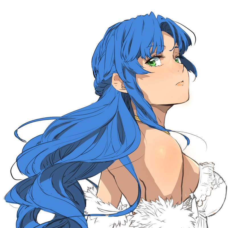 1girl blue_hair breasts closed_mouth enami_katsumi floating_hair from_side green_eyes hair_intakes highres long_hair looking_at_viewer looking_back medium_breasts puyopuyo rulue_(puyopuyo) sideboob simple_background sketch solo upper_body very_long_hair white_background