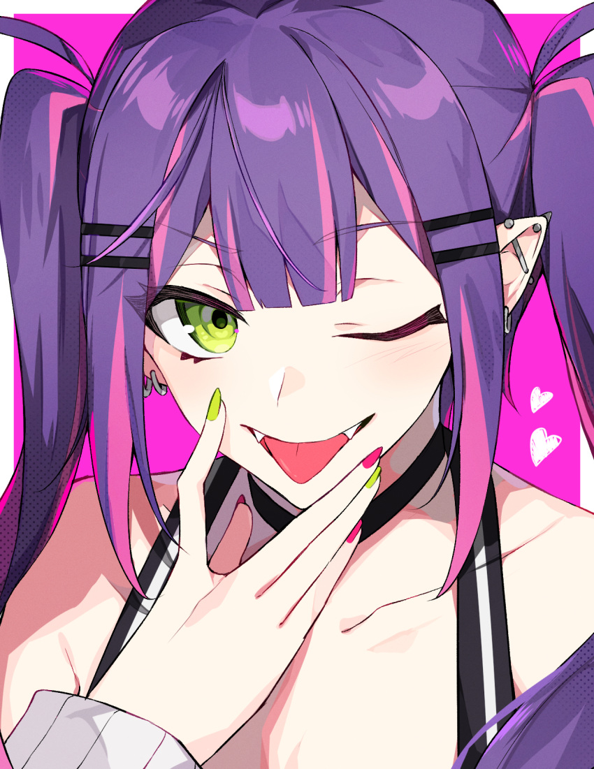 1girl bangs bare_shoulders collarbone commentary_request ear_piercing eyebrows_visible_through_hair fangs fingernails green_eyes green_nails highres hololive industrial_piercing looking_at_viewer nail_polish ohiru_0610 one_eye_closed piercing purple_hair sidelocks solo tokoyami_towa tongue tongue_out twintails virtual_youtuber