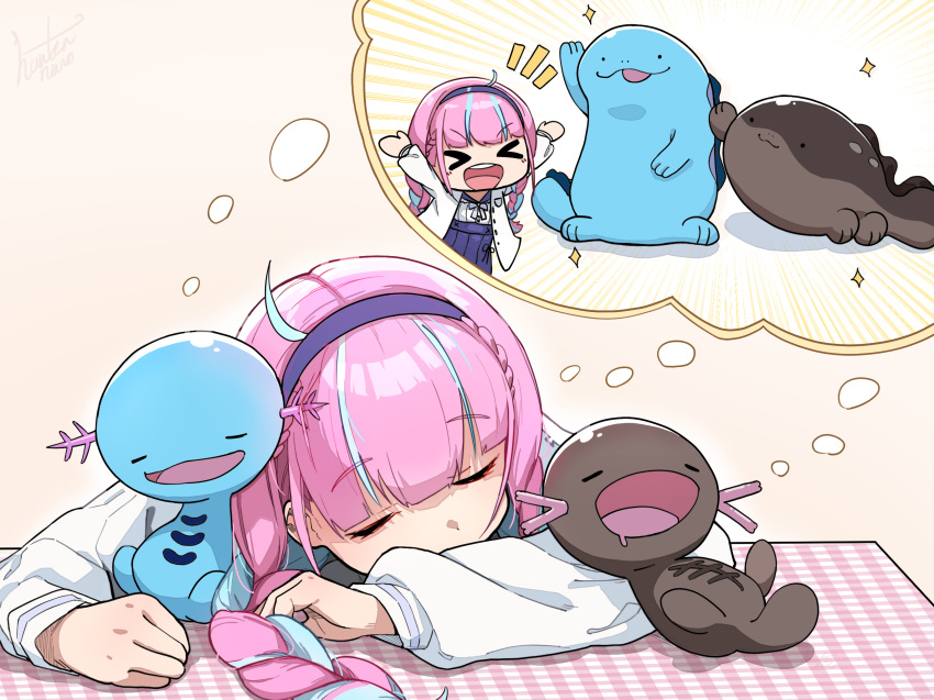 &gt;_&lt; 1girl ahoge bangs blue_hair blue_skirt blunt_bangs chibi chibi_inset clodsire closed_eyes colored_inner_hair dreaming french_braid headrest highres hololive jacket long_hair minato_aqua mouth_drool multicolored_hair open_clothes open_jacket paldean_wooper pleated_skirt pokemon purple_hair quagsire sidelocks skirt sleeping sparkle streaked_hair table twin_braids two-tone_hair virtual_youtuber white_jacket wooper
