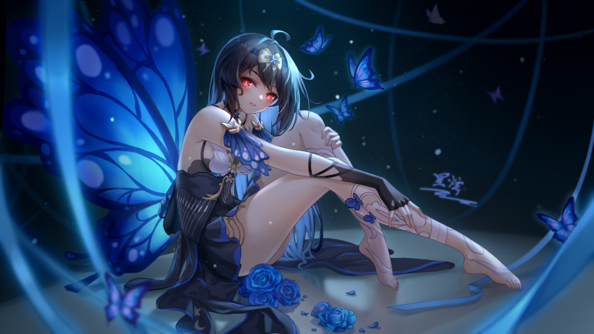 1girl absurdres ahoge barefoot black_background black_hair blue_flower blue_rose bow bridal_gauntlets bug butterfly butterfly_wings flower glowing glowing_eyes highres honkai_(series) honkai_impact_3rd knee_to_chest legs looking_at_viewer red_eyes rose seele_vollerei solo thighs toe-point wings yelan_xing_xuan