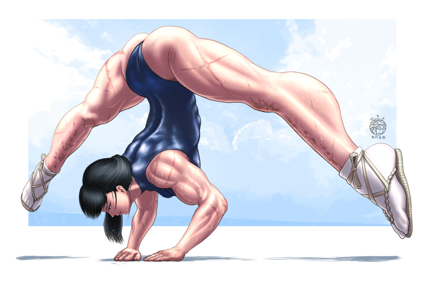 1girl arched_back ass biceps black_hair blue_leotard breasts covered_abs fingernails flexible full_body handstand highres jack-o'_challenge large_breasts leotard long_hair m.u.g.e.n meme muscular muscular_female original sandals scar scar_on_arm scar_on_leg sendai_hakurei_no_miko shoulder_blades solo sweat tabi taikyokuturugi thick_thighs thighs touhou upside-down white_footwear wide_spread_legs