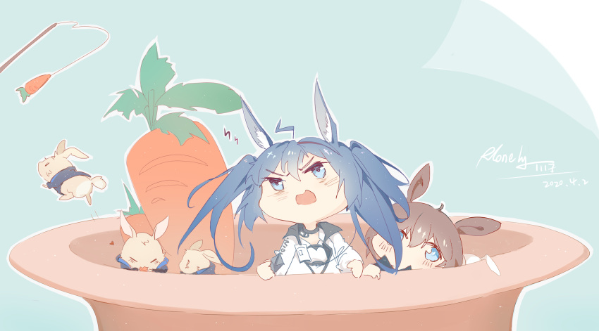 2girls alternate_animal_ears amiya_(arknights) animal_ears arknights blaze_(arknights) blue_eyes blue_hair blush brown_hair carrot carrot_on_stick chibi chinese_commentary dated hair_between_eyes hairband highres jacket long_hair mixed-language_commentary multiple_girls open_mouth rabbit rabbit_ears red_hairband rlonely_zhuazi signature v-shaped_eyebrows very_long_hair white_jacket