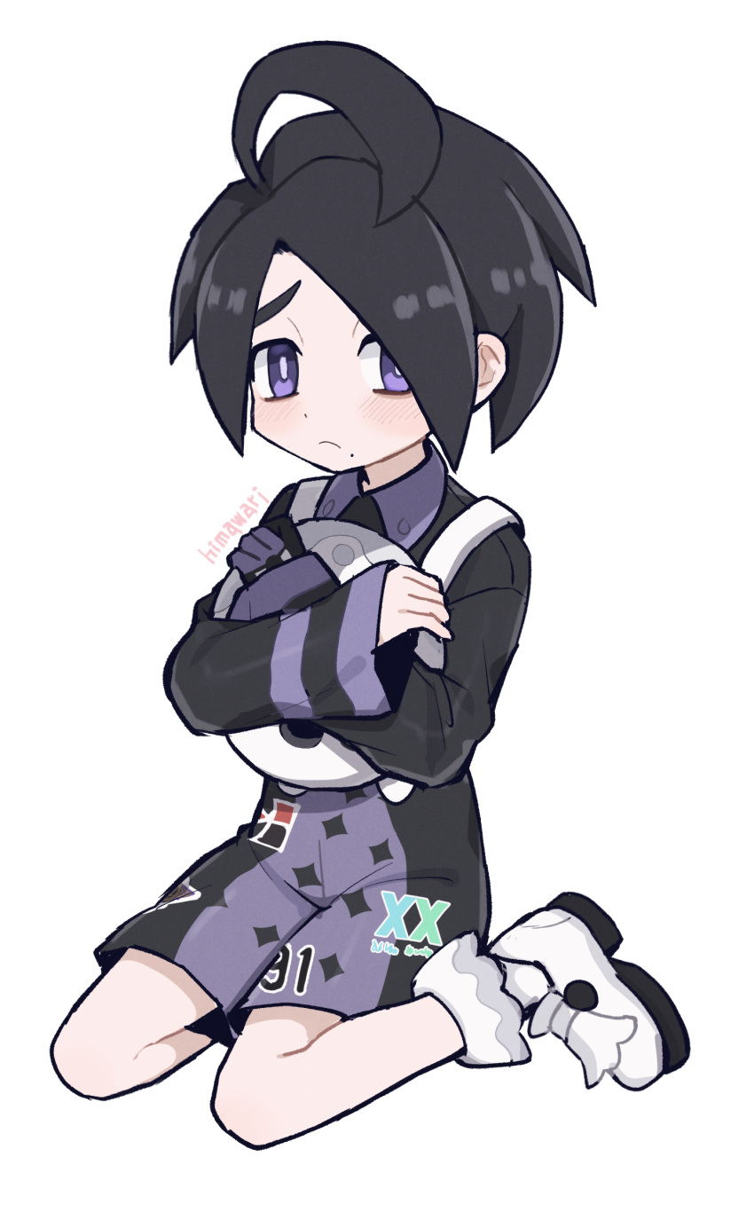 1boy absurdres ahoge allister_(pokemon) black_hair bright_pupils closed_mouth collared_shirt commentary_request frown full_body gloves highres himawari_(kawaisounaedesu) holding holding_mask long_sleeves male_focus mask mole mole_under_mouth number pokemon pokemon_(game) pokemon_swsh raised_eyebrows shirt shoes short_hair shorts simple_background single_glove sitting solo suspenders violet_eyes white_background white_footwear white_pupils