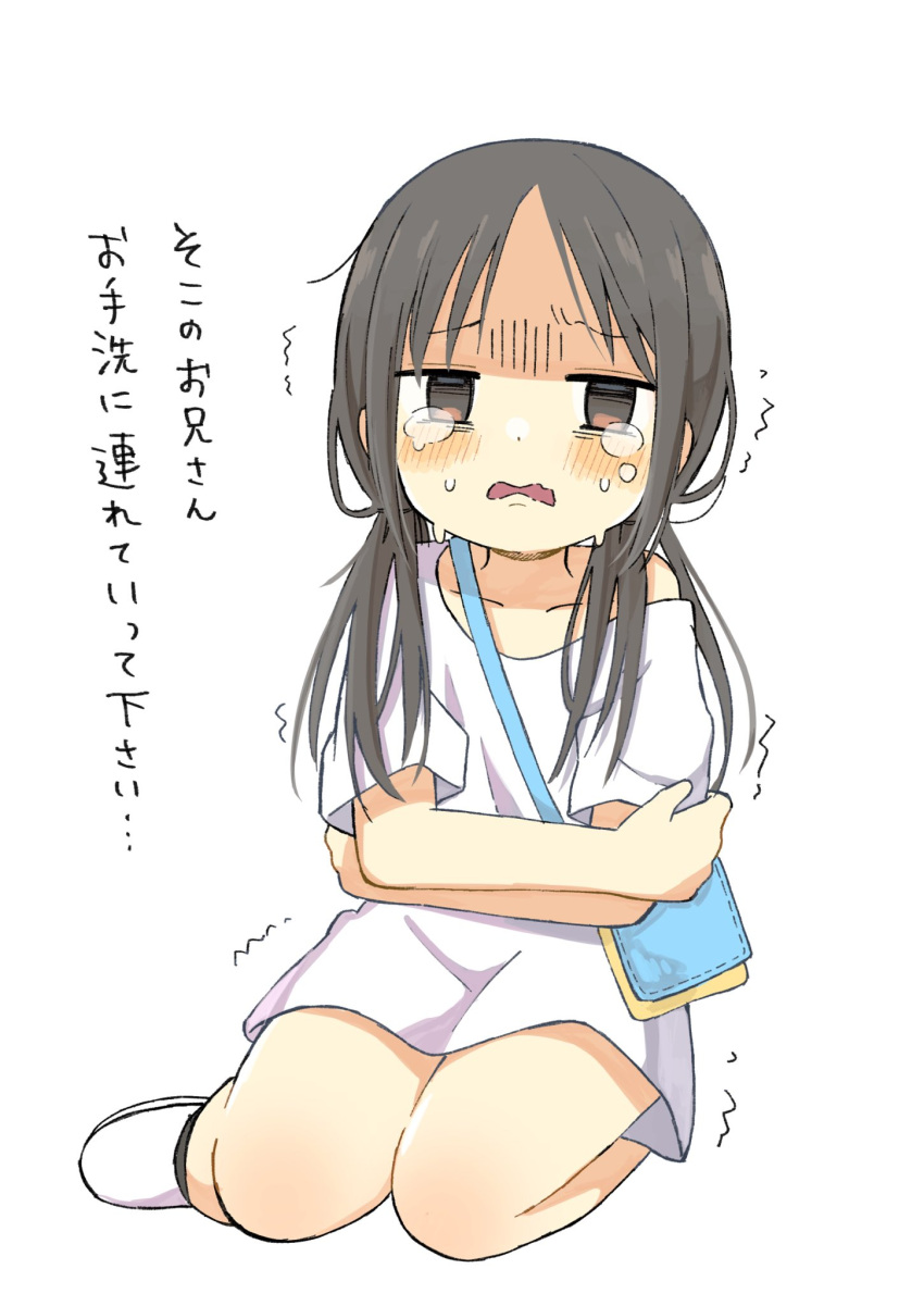 1girl bag blush brown_eyes brown_hair collarbone crossed_arms crying crying_with_eyes_open empty_eyes full_body highres low_twintails nanoningen_(anapoko) original shoes shoulder_bag sitting solo tears translation_request trembling turn_pale twintails white_background white_footwear yokozuwari
