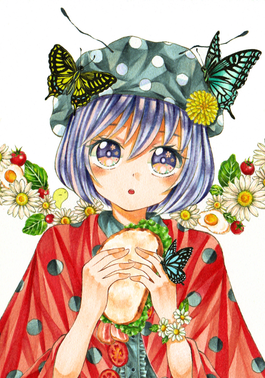 1girl bangs butterfly_on_head flower food hand_up highres holding holding_food ky2ca-nica leaf lettuce marker_(medium) original parted_lips plant purple_hair sandwich short_hair simple_background solo traditional_media upper_body violet_eyes white_background white_flower