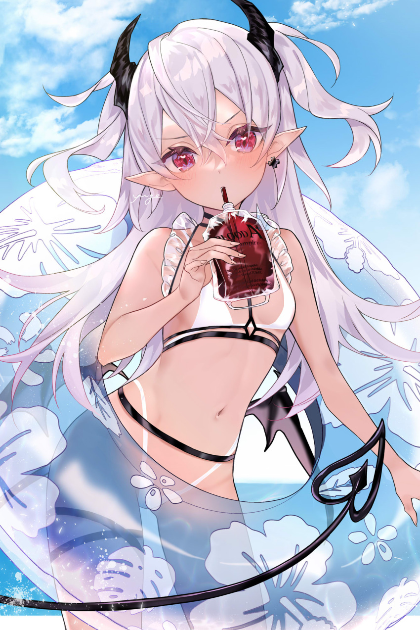 1girl bare_arms bare_shoulders bikini black_wings blood blood_bag blue_sky blush breasts clouds commentary_request contrapposto cross cross_earrings dark-skinned_female dark_skin day demon_girl demon_horns demon_tail demon_wings drinking drinking_straw earrings heart heart_in_eye highres holding horns innertube jewelry long_hair looking_at_viewer low_wings navel original outdoors pointy_ears red_eyes signature silver_hair single_earring sky small_breasts solo stomach swimsuit symbol_in_eye tail thigh_strap two_side_up v-shaped_eyebrows very_long_hair white_bikini wings yuge_(mkmk)