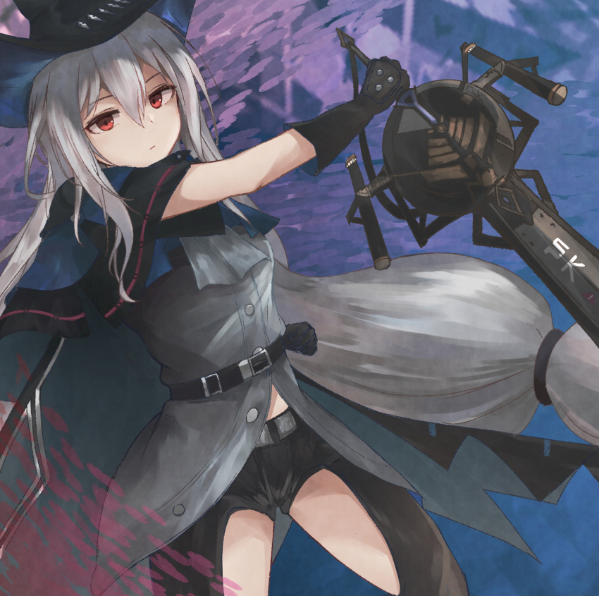 1girl arknights ascot belt black_belt black_cape black_capelet black_gloves black_headwear black_pants breasts cape capelet closed_mouth clothing_cutout commentary cowboy_shot gloves grey_neckwear grey_shirt hair_between_eyes hat highres holding holding_sword holding_weapon infection_monitor_(arknights) kiyakyuu long_hair looking_at_viewer medium_breasts pants red_eyes shirt silver_hair skadi_(arknights) solo strap sword thigh_cutout thighs very_long_hair weapon