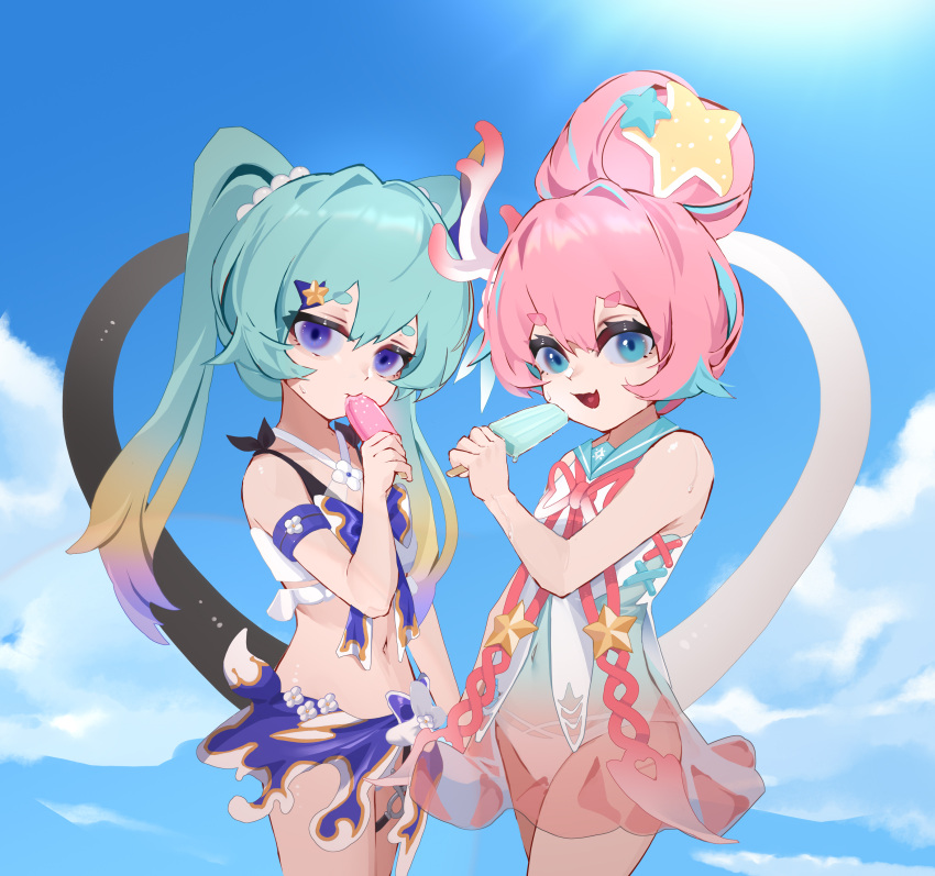 2girls absurdres bangs bikini black_bikini blue_eyes blue_hair blue_sky closed_mouth clouds cloudy_sky dress food food_in_mouth hair_between_eyes hair_bun hair_ornament highres holding holding_food honkai_(series) honkai_impact_3rd liliya_olenyeva looking_at_viewer multiple_girls open_mouth outdoors pink_hair popsicle rozaliya_olenyeva see-through_shirt siblings sky star_(symbol) star_hair_ornament summer_uniform sundress swimsuit tail thick_eyebrows twins twintails white_bikini wucanming