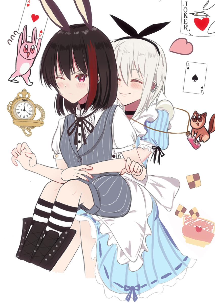 2girls ace_of_hearts ace_of_spades alice_(alice_in_wonderland) alice_(alice_in_wonderland)_(cosplay) alice_in_wonderland animal_ears aoba_moca apron bang_dream! bangs black_choker black_hair black_ribbon blue_dress blush choker clock closed_eyes cosplay dress eyebrows_visible_through_hair fuku_kaitai!!!! grey_hair hair_ribbon heart highres hug hug_from_behind mitake_ran multicolored_hair multiple_girls one_eye_closed rabbit rabbit_ears redhead ribbon short_hair sitting sitting_on_lap sitting_on_person smile squirrel streaked_hair striped striped_legwear violet_eyes white_apron