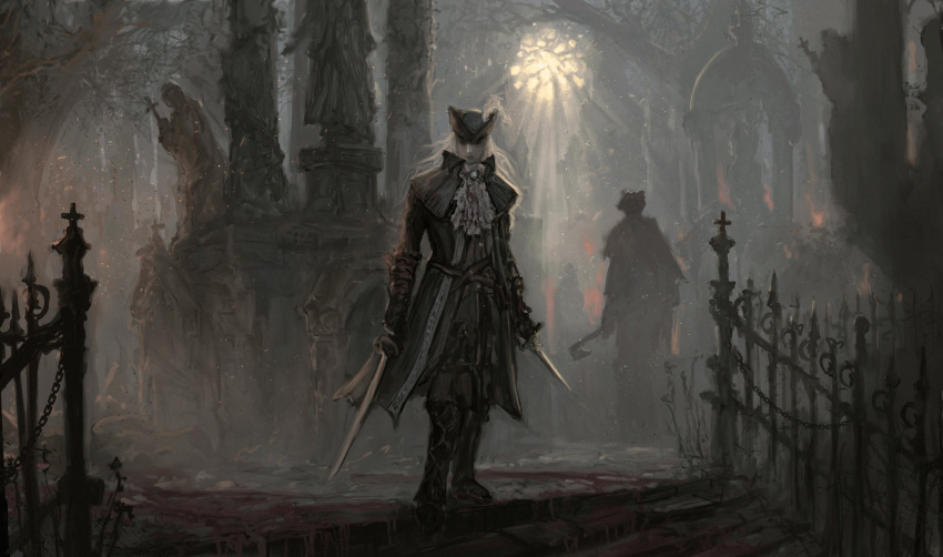 1girl absurdres ascot blonde_hair blood bloodborne blue_eyes cape coat dark_souls_(series) dark_souls_iii double-blade fantasy gloves gothic hat hat_feather highres holding kino_(0.dte) lady_maria_of_the_astral_clocktower long_hair looking_at_viewer ponytail rakuyo_(bloodborne) simple_background sword the_old_hunters tricorne victorian weapon white_hair