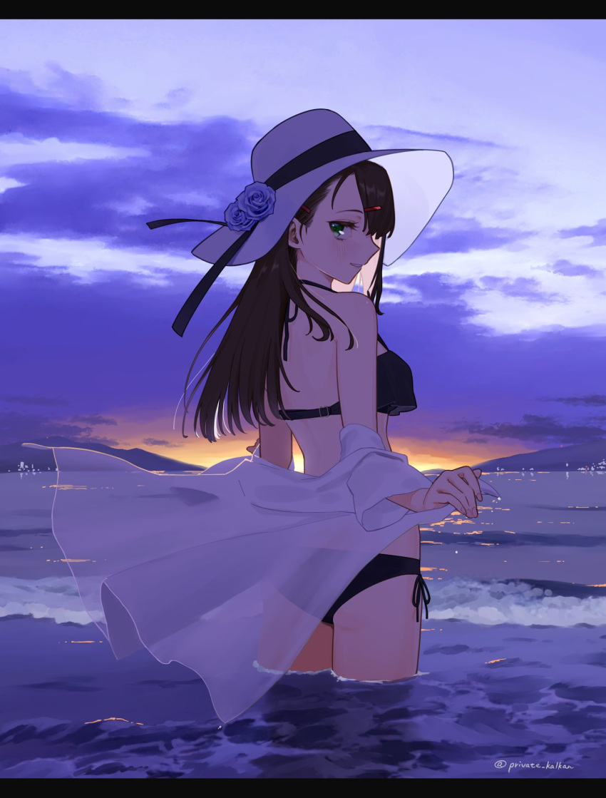 1girl angelica_(gunslinger_girl) asymmetrical_bangs bangs bare_shoulders bikini black_bikini blunt_ends breasts clothes_pull clouds cloudy_sky cowboy_shot floating_clothes flower_hat girls_frontline gunslinger_girl halterneck hat highres letterboxed light_smile looking_at_viewer looking_back mitsusaka_mitsumi ocean outdoors profile shirt shirt_pull side-tie_bikini sky small_breasts solo straight_hair sun_hat sunset swimsuit wading waves white_shirt