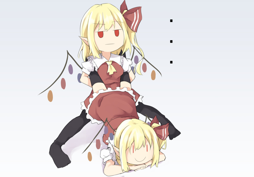 2girls ascot bangs black_legwear blonde_hair blush bow closed_mouth crystal eyebrows_visible_through_hair facing_viewer flandre_scarlet frilled_shirt_collar frills hair_between_eyes hair_bow hair_ornament hands_on_ground highres holding holding_legs jack-o'_challenge multicolored multicolored_wings multiple_girls red_eyes red_ribbon red_skirt red_vest ribbon rushigi0 shirt short_sleeves side_ponytail simple_background skirt smile spread_legs thigh-highs top-down_bottom-up touhou unamused vampire vest white_shirt wings yellow_neckwear