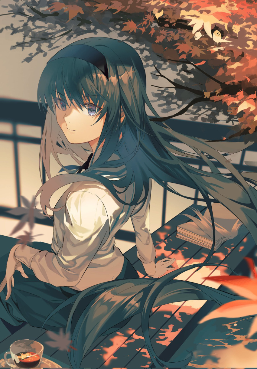 1girl artist_request autumn autumn_leaves bangs black_hair black_headband black_neckwear black_skirt blue_eyes book closed_mouth commentary_request cup eyebrows_visible_through_hair floating_hair hair_between_eyes headband highres leaf long_hair long_sleeves looking_at_another looking_at_viewer shirt sitting skirt solo teacup tohno_akiha tree tsukihime tsukihime_(remake) white_shirt wooden_bench
