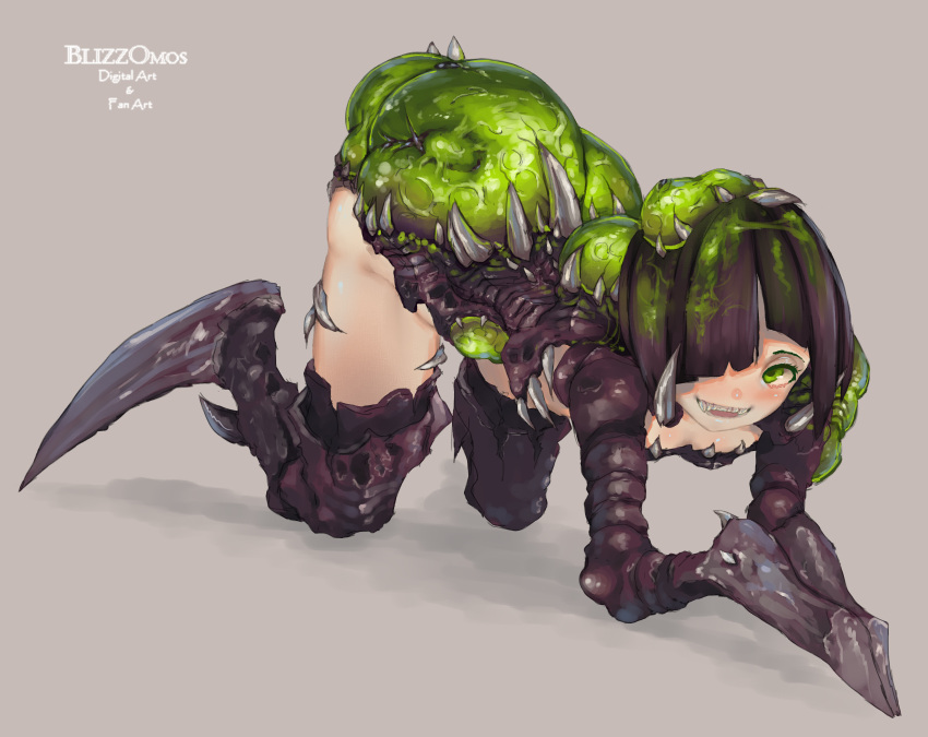 1girl acid artist_name baneling_(starcraft) black_hair blizzomos commentary english_commentary full_body green_eyes grey_background hair_over_one_eye highres looking_at_viewer monster_girl personification simple_background solo spikes starcraft