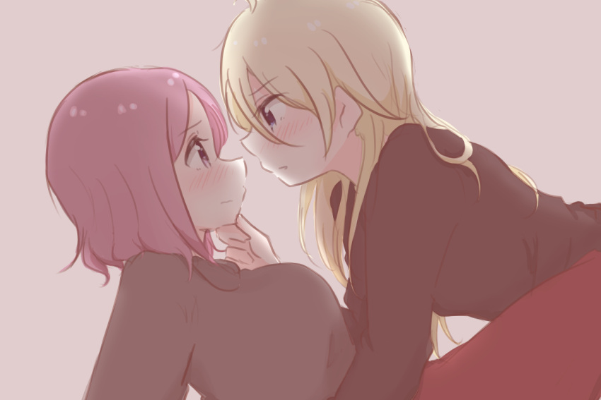 2girls blonde_hair blush eye_contact facing_another girl_on_top hand_on_another's_chin long_hair looking_at_another multiple_girls new_game! pink_hair profile short_hair tooyama_rin upper_body yagami_kou yuri yuuki_(yunky373)