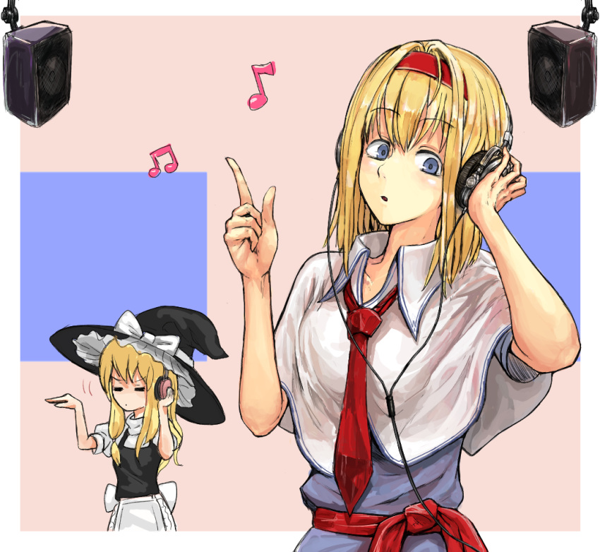 2girls =_= alice_margatroid apron bangs black_headwear black_vest blonde_hair blue_dress blue_eyes border bow capelet collared_capelet commentary_request cookie_(touhou) cowboy_shot dress eyebrows_visible_through_hair hairband hat hat_bow headphones hinase_(cookie) kirisame_marisa listening_to_music long_hair medium_hair multiple_girls musical_note necktie open_mouth outside_border red_hairband red_neckwear red_sash sash short_sleeves speaker touhou uzuki_(cookie) vest waist_apron white_apron white_border white_bow white_capelet witch_hat yma