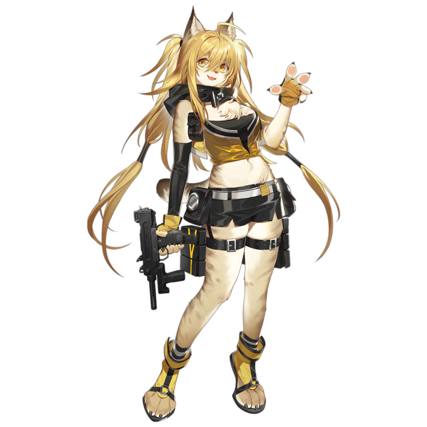1girl ahoge animal_ears animal_feet animal_hands animal_nose bahao_diqiu bare_shoulders black_scarf black_shorts black_sleeves blonde_hair breasts chest_tuft crop_top detached_sleeves fang fingerless_gloves full_body furrification furry furry_female game_cg girls_frontline gloves gun hair_between_eyes highres holding holding_gun holding_weapon long_hair looking_at_viewer medium_breasts midriff navel official_art open_mouth pm-9_(girls_frontline) pm-9_(undefeated_golden_tornado)_(girls_frontline) sandals scarf shorts simple_background single_detached_sleeve solo standing tail thigh_strap transparent_background twintails very_long_hair waving weapon yellow_crop_top yellow_eyes yellow_footwear yellow_gloves